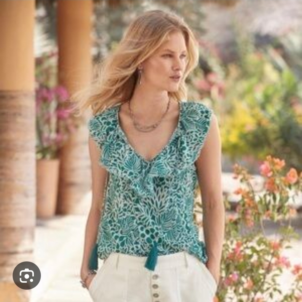 Sundance Teal Ruffle Neck Tassel Sleeveless Floral Print Blouse Size Small